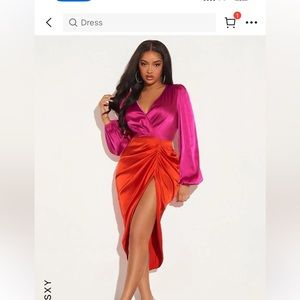 SHEIN SXY Colorblock Lantern Sleeve Ruched Split Thigh Satin Dress